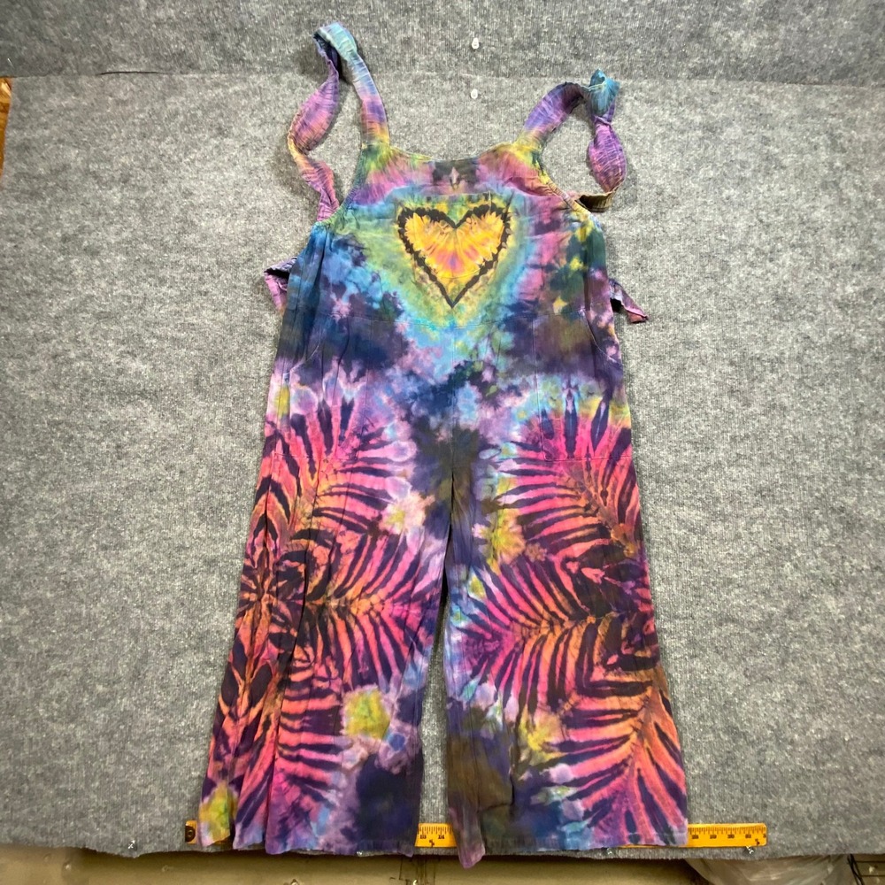 Earthbound Trading Co Womens XL Tie Dye Heart Palm Leaf Cotton Overalls Jumpsuit